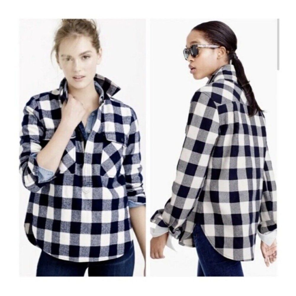 J. CREW blue Buffalo Plaid check 1/4 Zip Shirt Jacket White Size XS